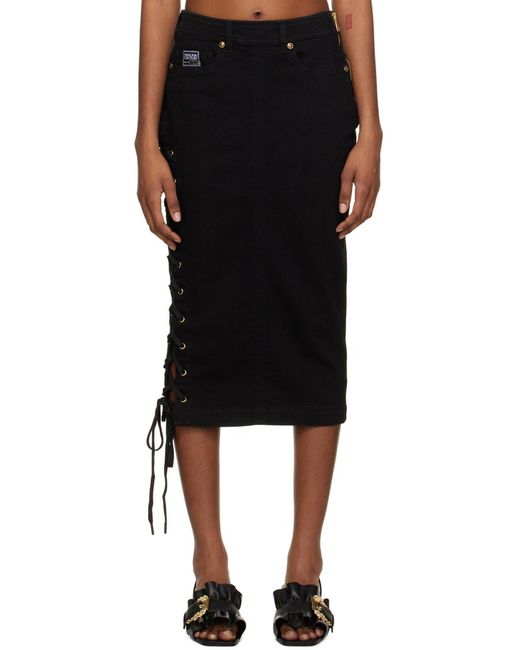 Versace Jeans Black Couture Lace-Up Detailed Midi Denim Skirt