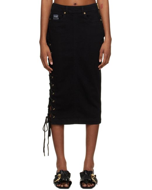 Versace Jeans Black Couture Lace-Up Detailed Midi Denim Skirt