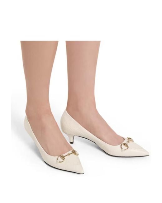 Gucci White Horsebit Detailed Pointed-Toe Pumps