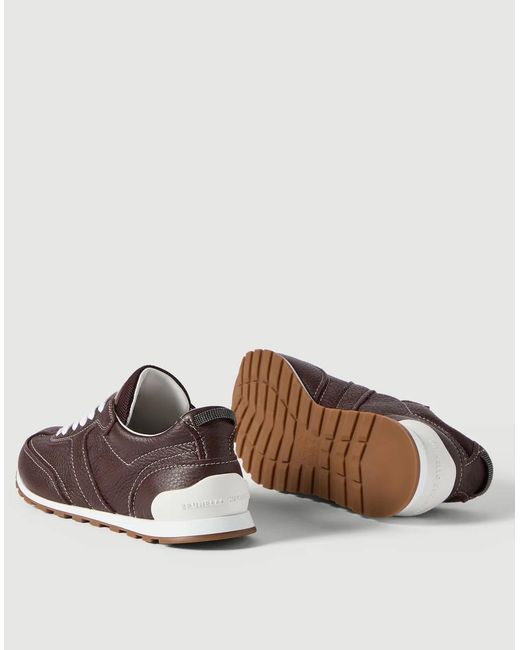 Brunello Cucinelli Brown Grained Soft Leather Runners With Shiny Loops