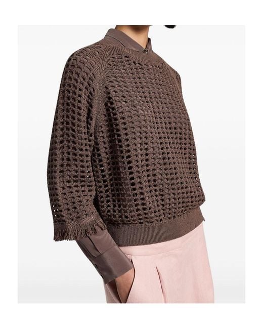 Peserico Brown Openwork Fringed Knitted Sweater