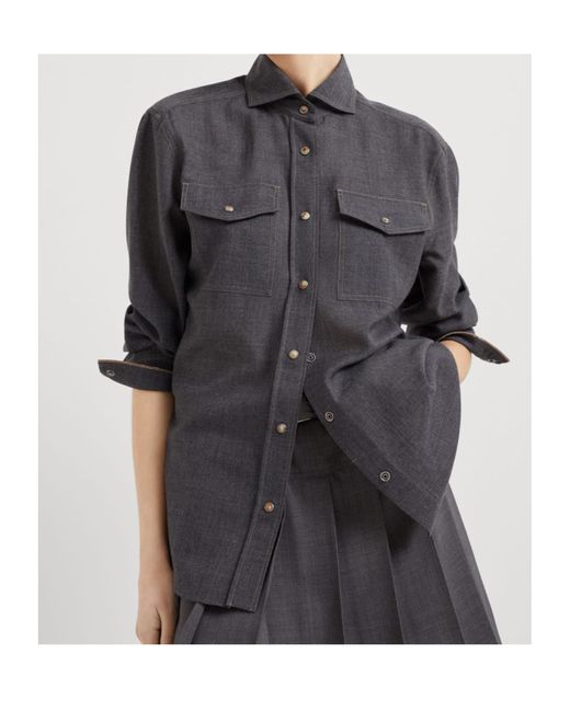 Brunello Cucinelli Blue Monili-Trim Button-Up Shirt