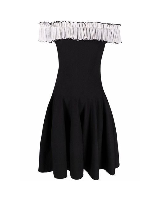 McQueen Black Off-Shoulder Flared Dress