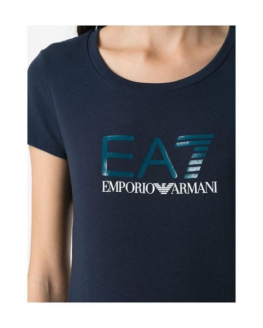 EA7 Blue Logo-Print Scoop Neck T-Shirt