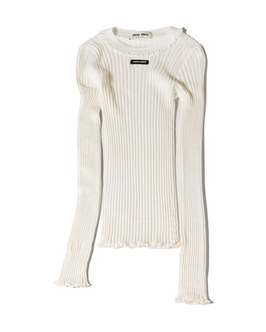 Miu Miu White Long-Sleeved Ribbed T-Shirt