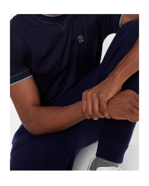 Brunello Cucinelli Blue Logo Embroidered Layered T-Shirt for men