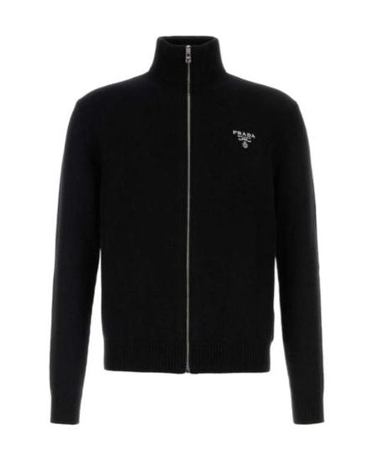 Prada Logo Embroidered Full-Zipped Knitted Cardigan in Black for