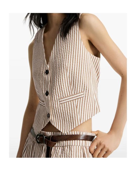 Brunello Cucinelli White Techno-Cotton Striped Seersucker Vest With Monili