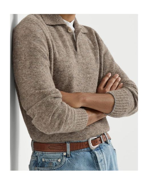 Brunello Cucinelli Brown Alpaca, Cashmere And Wool Knit Polo for men