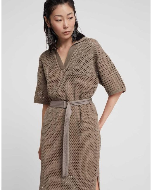 Brunello Cucinelli Natural Crochet-Knitted Belted Midi Dress