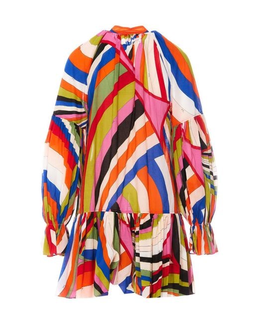 Emilio Pucci Red Pucci Iride-Printed Ruffled Trim Mini Dress