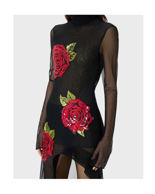Blumarine Black Stretch Tulle Dress With Embroidery And Slit