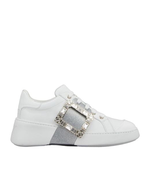 Roger Vivier White Viv' Skate Glitter Embellished Buckle Sneakers
