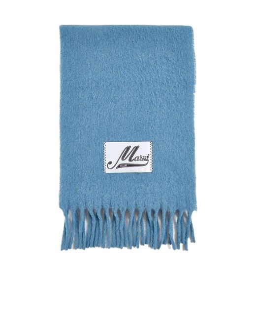 Marni Blue Logo Patch Fringed-Edge Scarf