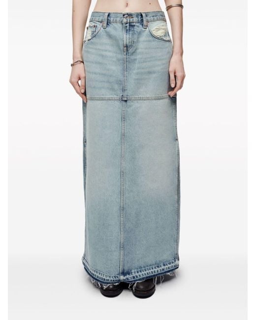 Re/done Blue Side-Slit Distressed Denim Maxi Skirt