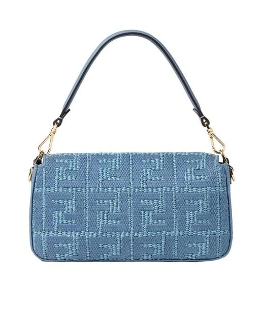 Fendi Blue Baguette Embossed Shoulder Bag
