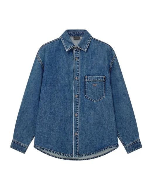 Emporio Armani Blue Cotton Denim Shirt With A Chest Pocket And Metallic Buttons for men