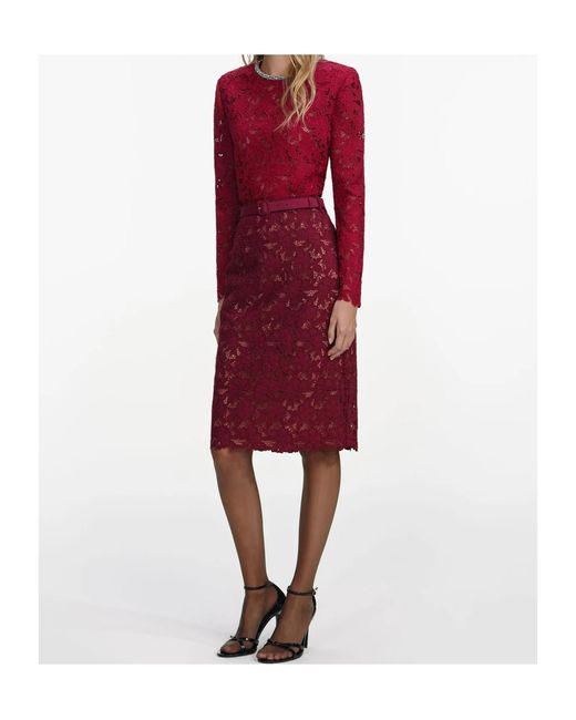 Self-Portrait Red Guipure Lace Midi Skirt