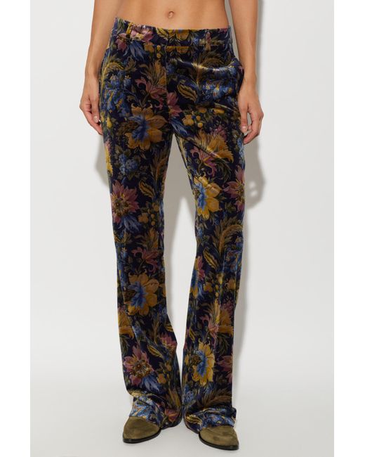 Etro Black Cotton Velvet Trousers With Floral Overprint