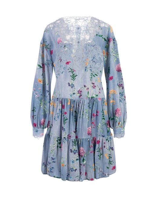 Ermanno Scervino Blue Floral-Print Silk Mini Dress