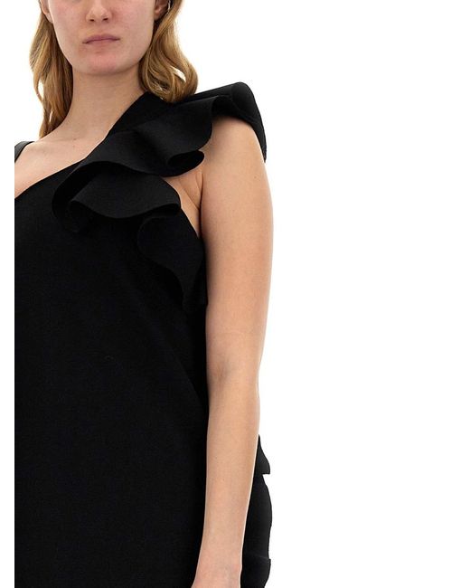 MSGM Black One-Shoulder Ruffled Mini Dress
