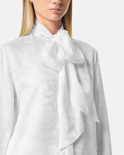Versace White Barocco-Jacquard Pussy-Bow Blouse