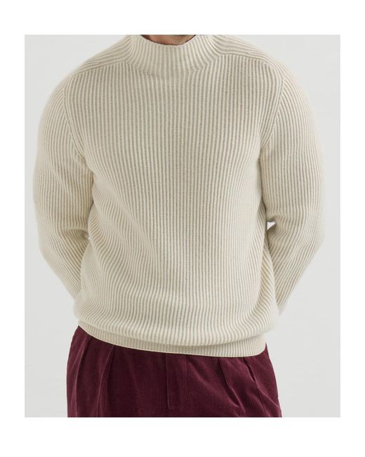 Brunello Cucinelli White Ribbed Mock-Neck Knitted Jumper for men