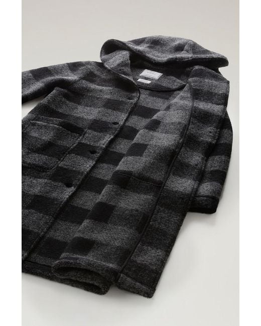 Woolrich Black Checked Hooded Wool-Blend Coat