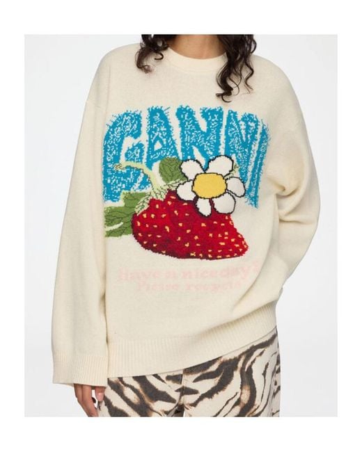 Ganni White Strawberry Oversized Jumper