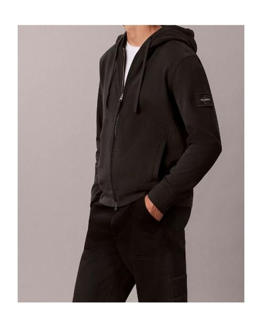 Calvin Klein Black Cotton Terry Badge Zip Hoodie for men