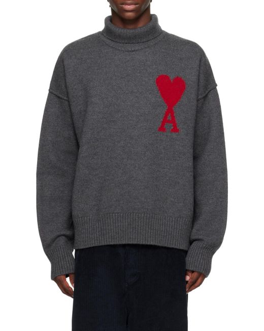AMI Gray Ami De Coeur Logo Intarsia Knitted Roll-Neck Jumper for men