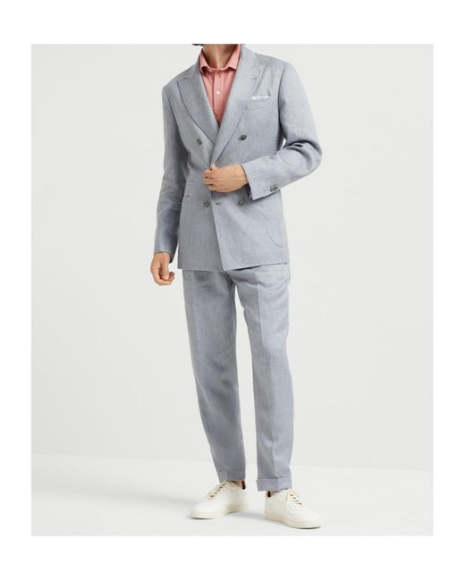 Brunello Cucinelli Gray Double-Breasted Linen Blazer for men