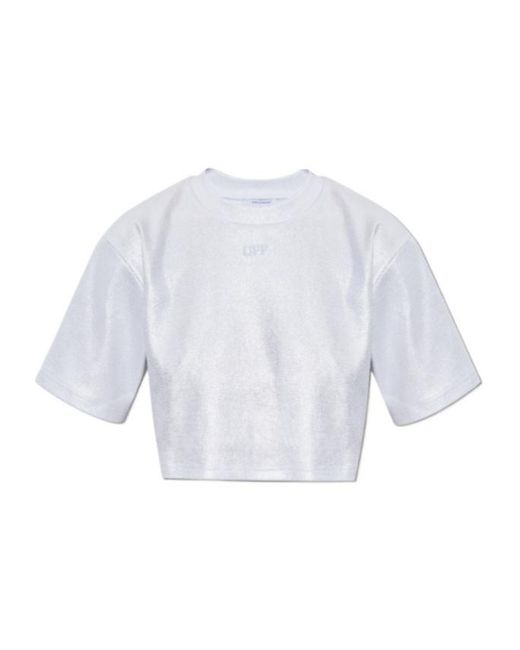 Off-White c/o Virgil Abloh White Logo Embroidered Metallic Cropped Top