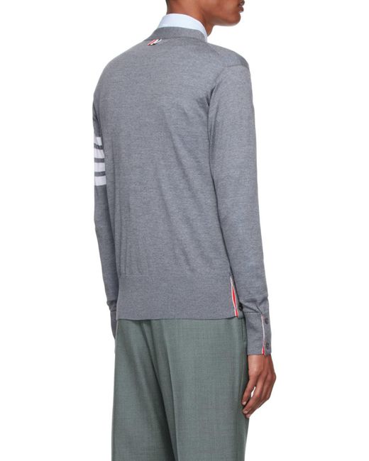 Thom Browne Gray Bar Striped V-Neck Cardigan for men