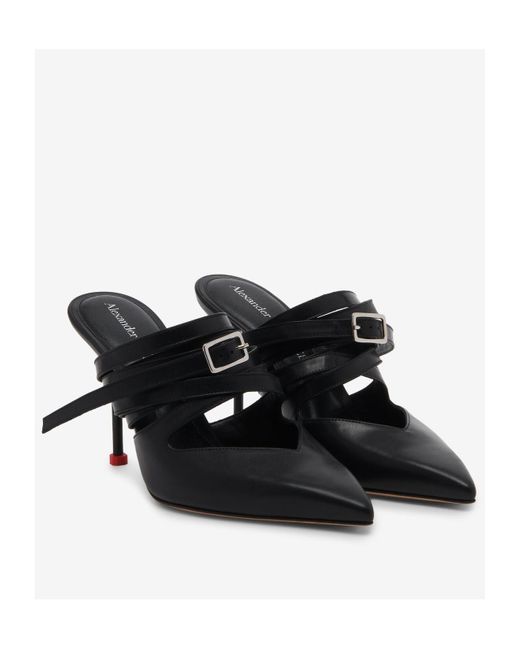 McQueen Black Strappy Pointed-Toe Mules