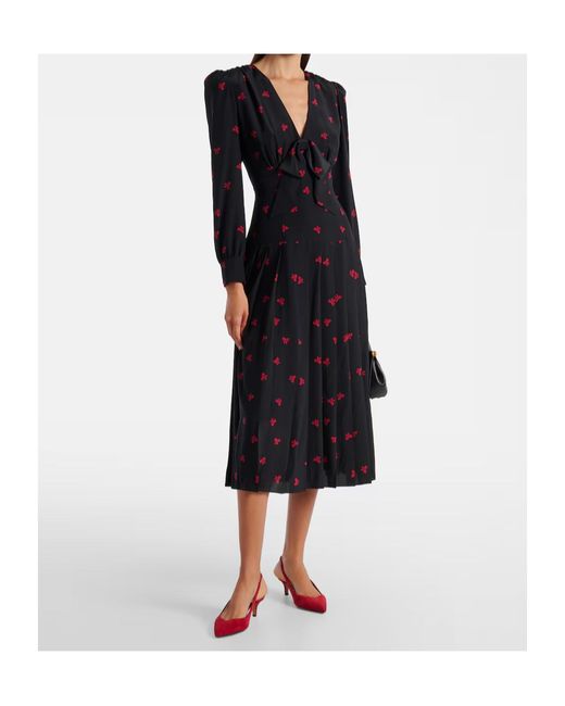 Alessandra Rich Black Bow-Detail Printed Silk Midi Dress