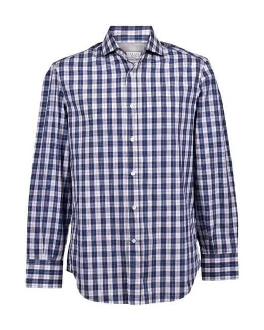 Brunello Cucinelli Blue Checked Cotton Shirt for men