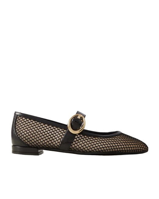 Stuart Weitzman Black Arabella Buckled Leather-Trimmed Mesh Mary Jane Flats