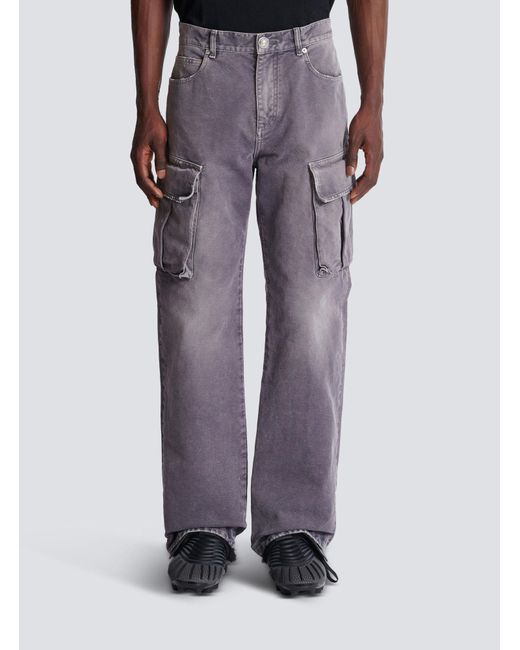 Balmain Gray Denim Loose-Fit Cargo Jeans for men