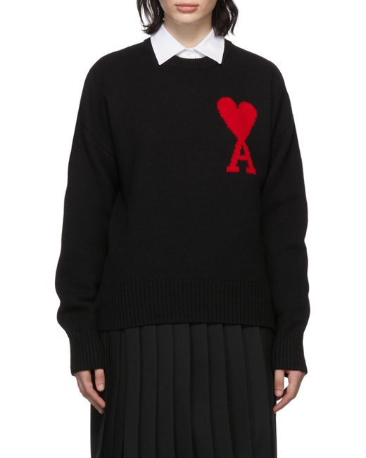 AMI Black Ami Logo Intarsia Crewneck Knitted Jumper for men