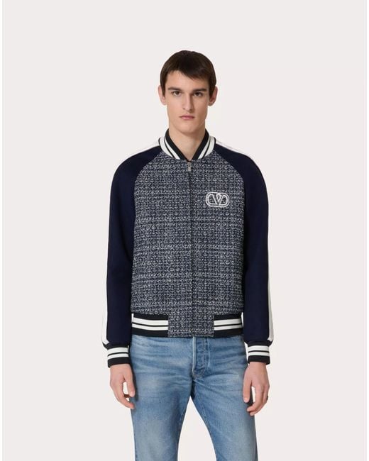 Valentino Blue Logo Embroidered Zip-Up Tweed Jacket for men