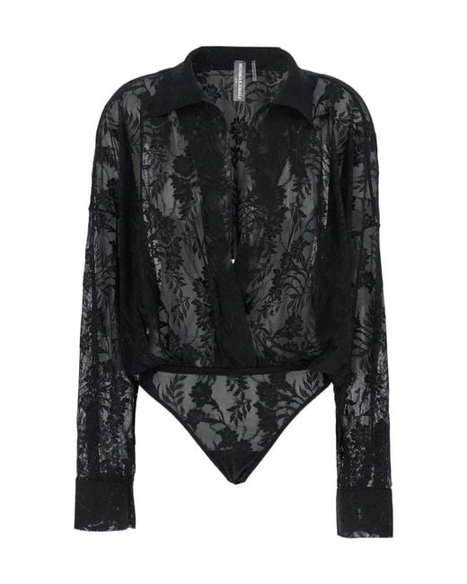 Norma Kamali Black Lace Detailed Long-Sleeve Shirt Bodysuit