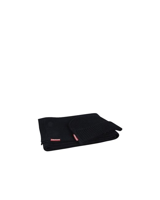 DSquared² Black Logo Patch Scarf-Beanie Set for men