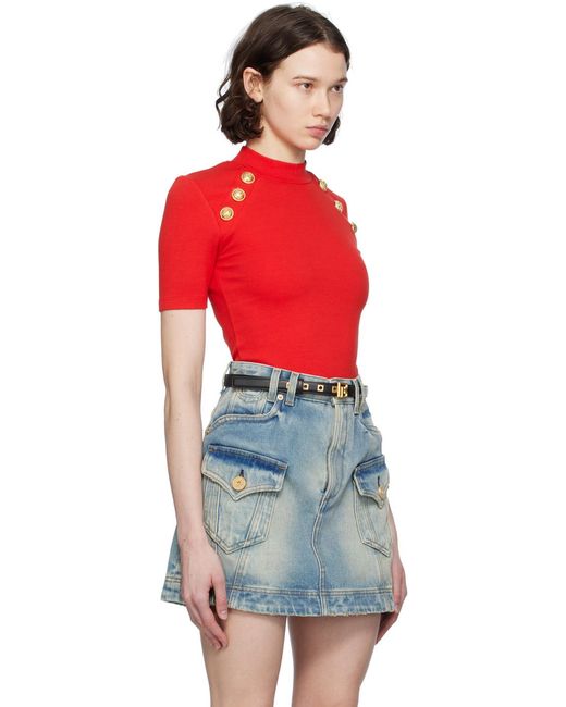 Balmain Red Signature Coin-Buttons T-Shirt