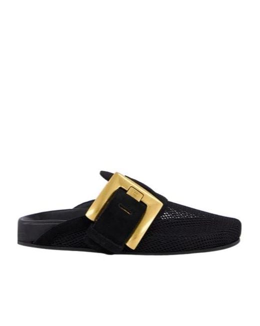 Balmain Black Anthem Square-Buckle Flat Mules