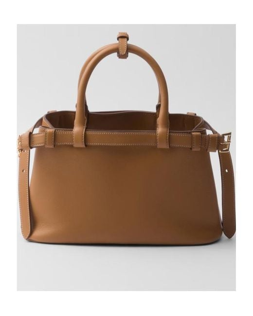 Prada Brown Buckle Small Leather Handbag With Double Belt