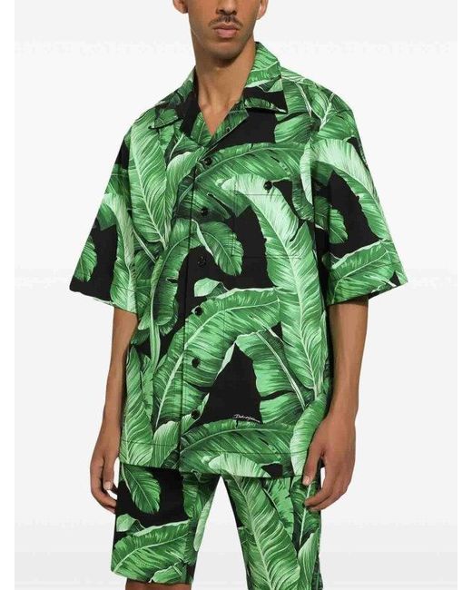 Dolce & Gabbana Green Leaf-Print Silk Shirt for men