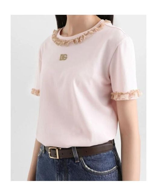 Dolce & Gabbana Pink Logo-Embroidered Ruffled T-Shirt