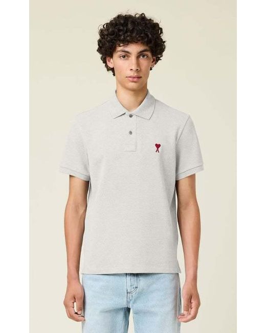 AMI Gray Ami De Coeur Logo Embroidered Short-Sleeved Polo Shirt for men
