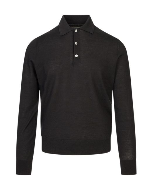 Canali Black Long-Sleeve Knitted Polo Shirt for men